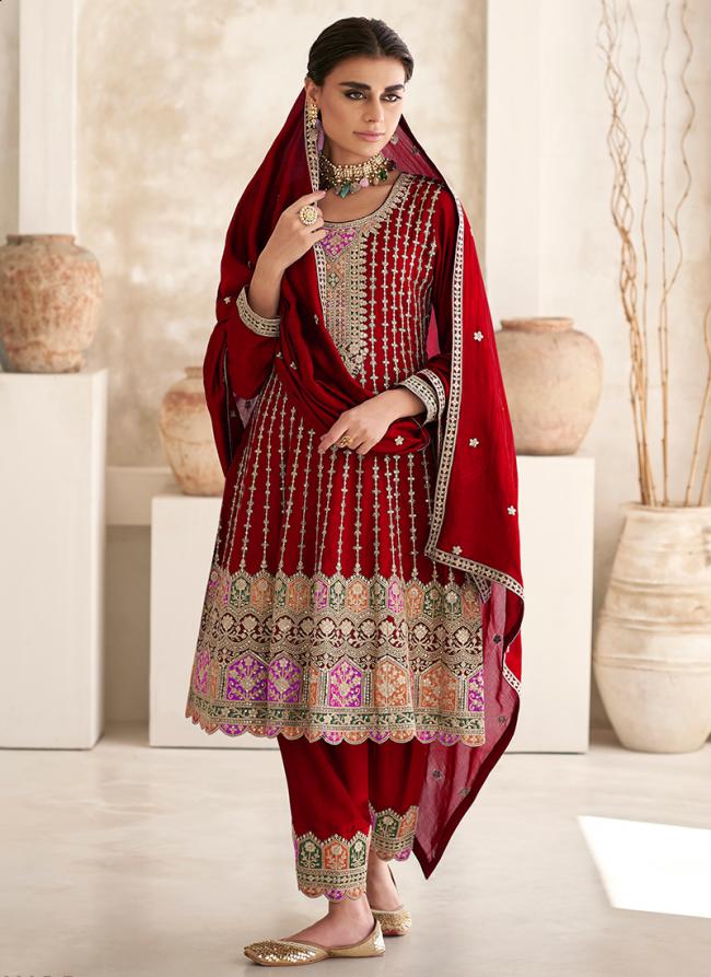 Chinnon Silk Red Wedding Wear Embroidery Work Readymade Salwar Suit